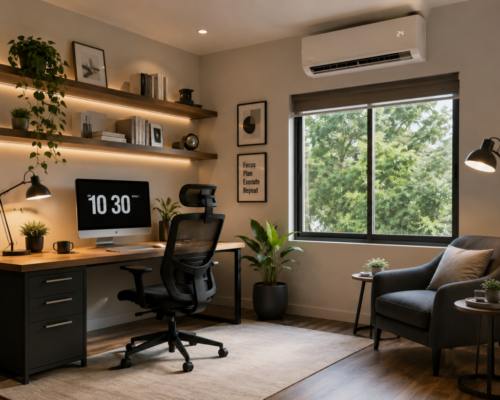 Wall-mounted air conditioning unit installed in a living room